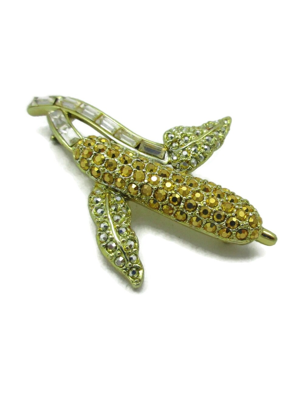 Vintage Danecraft Corn on Cob Rhinestone Gold Tone Brooch Designer Signed